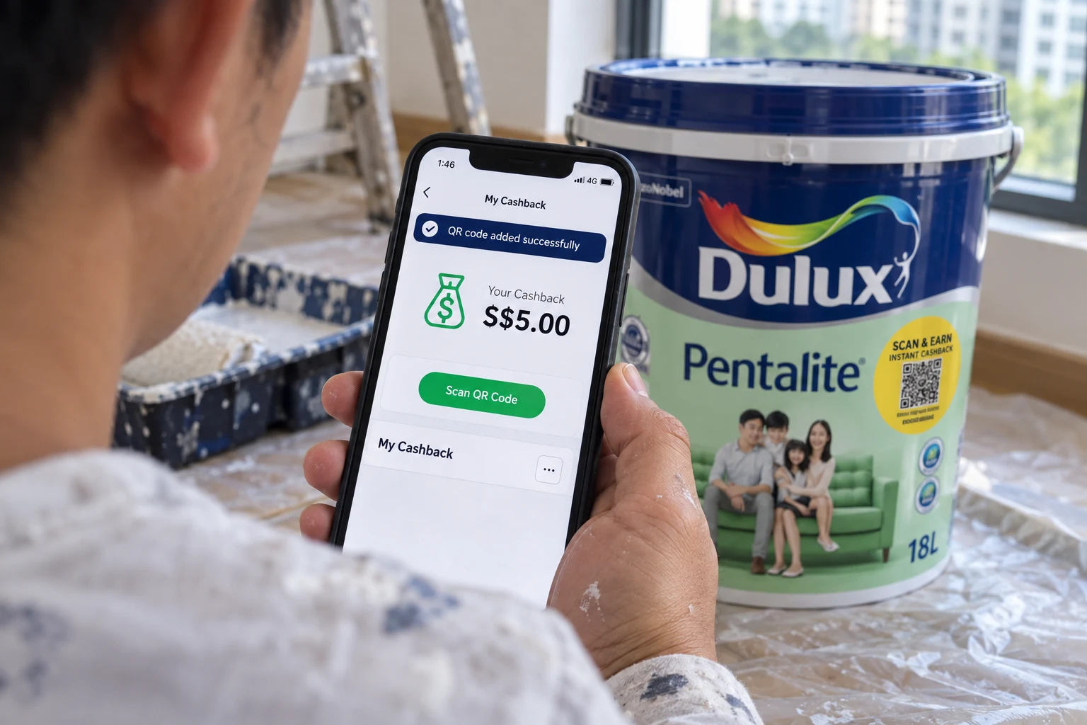 A phone showing a successful QR scan and an illustrative S$5.00 cashback wallet balance beside a Dulux Pentalite can.