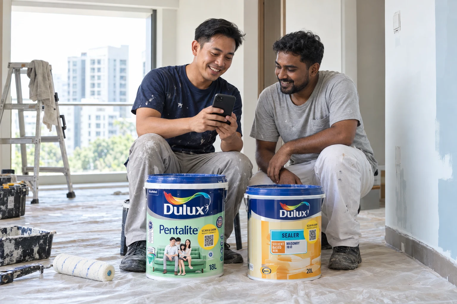Two painters smiling while checking a mobile phone beside Dulux paint and sealer cans.