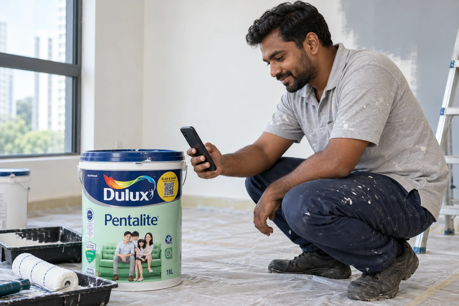 A painter using a mobile phone beside a Dulux Pentalite can with a cashback QR label.
