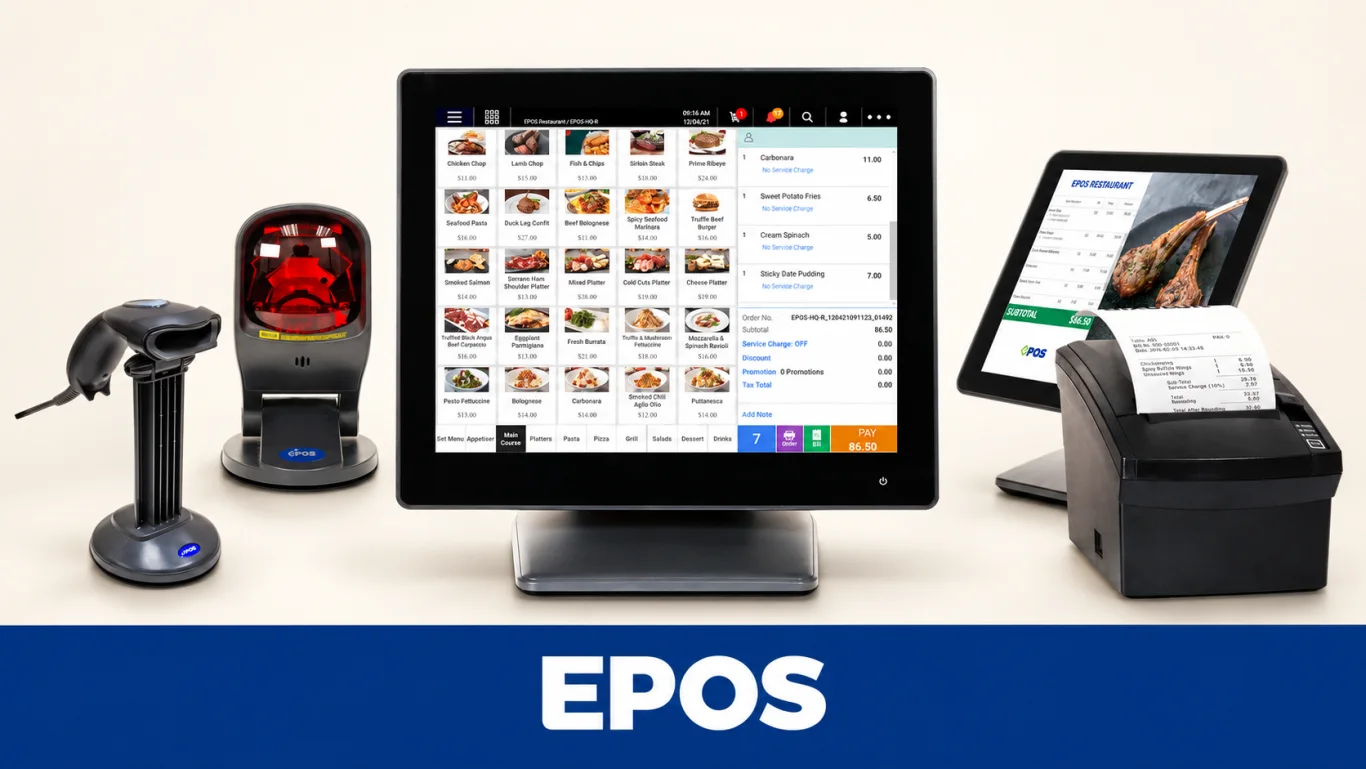 EPOS restaurant counter hardware and software; EPOS360 BlueTap is a separate product option.