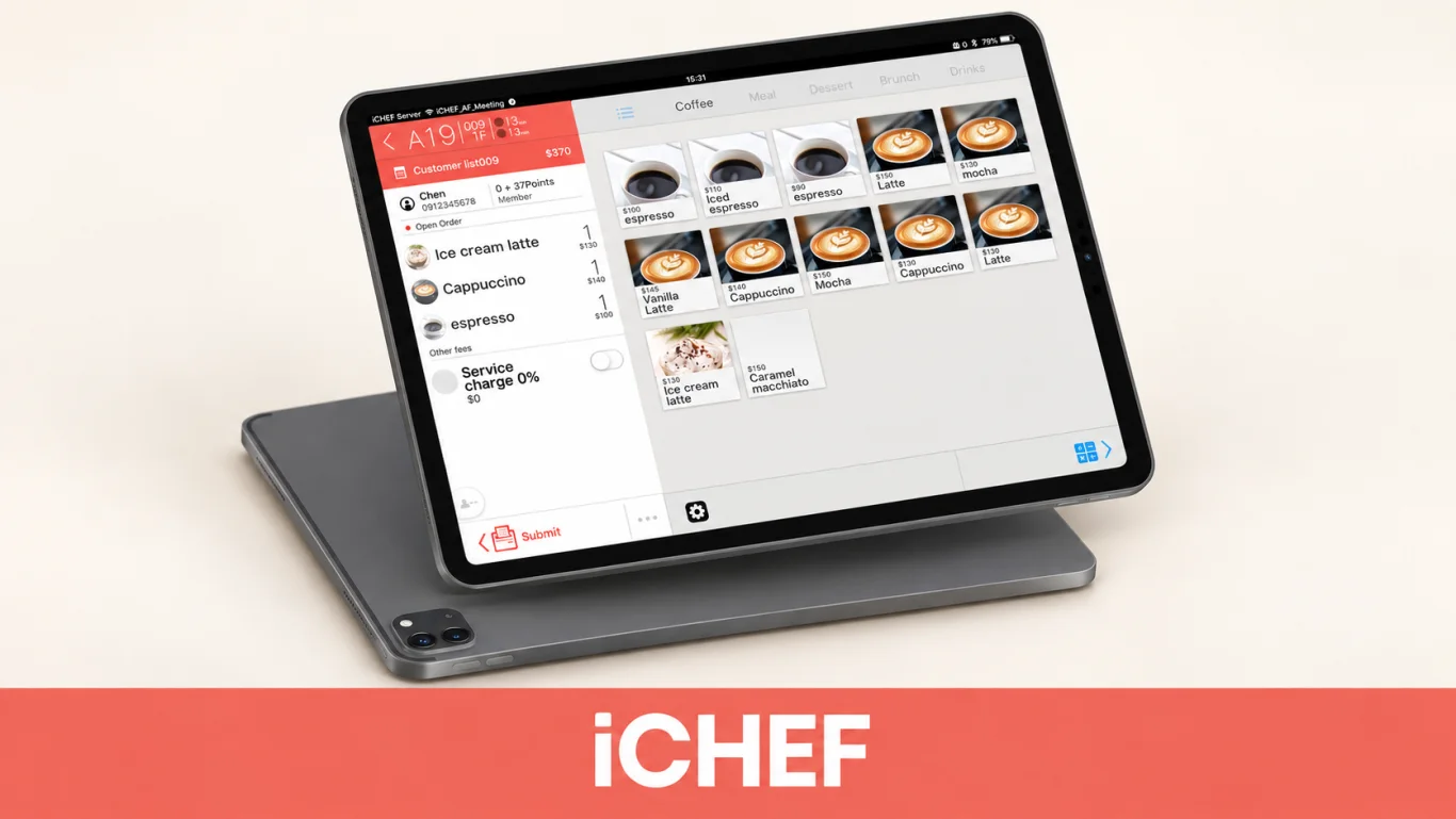 iCHEF restaurant POS reference; the illustration is not a guarantee of a particular Singapore hardware bundle.