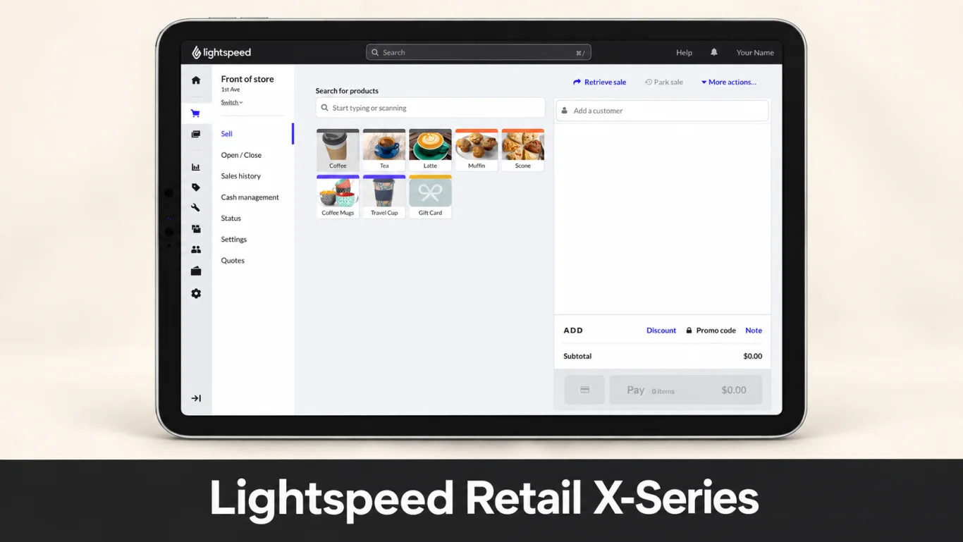 Lightspeed Retail X-Series product visual showing its sell screen on a tablet.