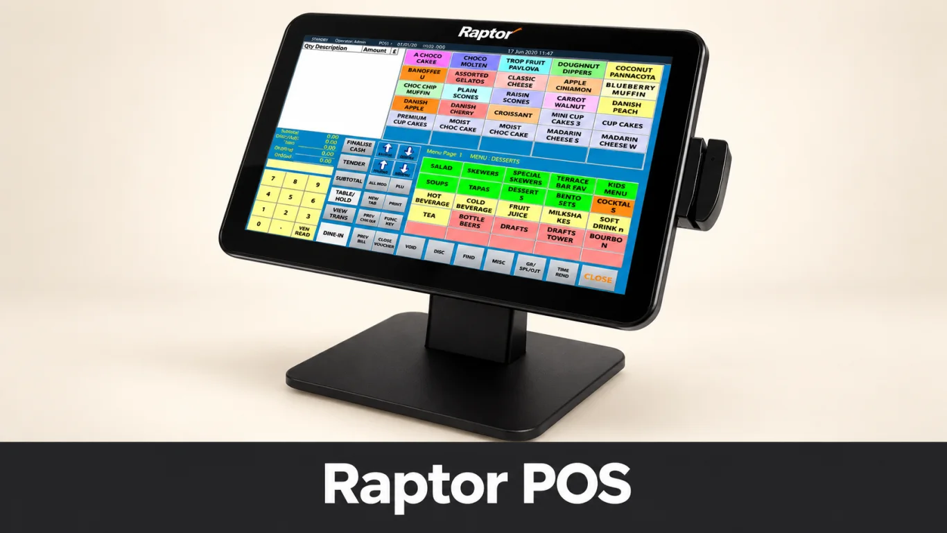 Raptor’s published POS-1561E terminal and restaurant cashier screen.