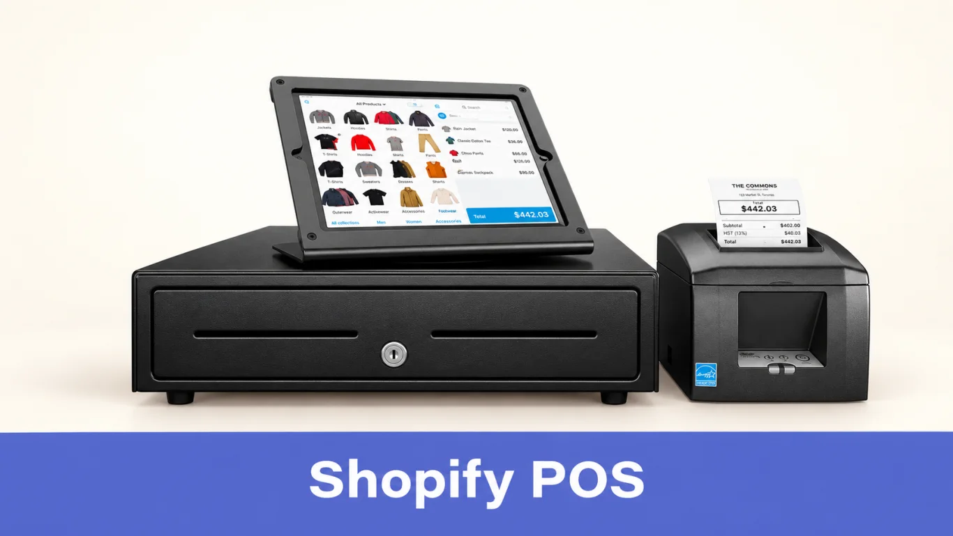 Shopify POS tablet, cash drawer and printer example; payment hardware is deliberately excluded from this illustration.